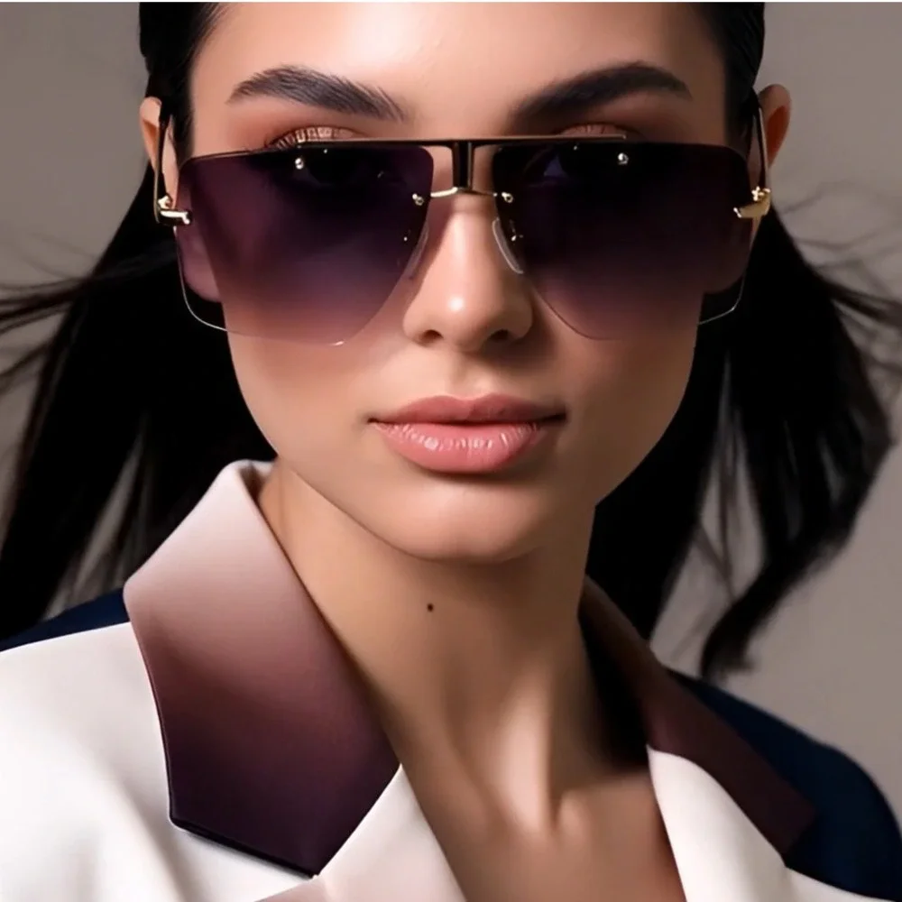 Rimless Sunglasses Women Black Lens Gold Frame Square Shades Classic Retro Gafas